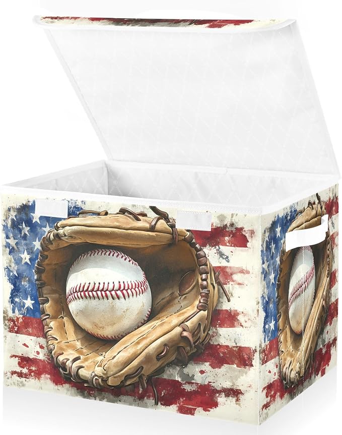 Storage Bin with Lid American Flag Baseball Gloves Storage Box Basket Large by ZOEO