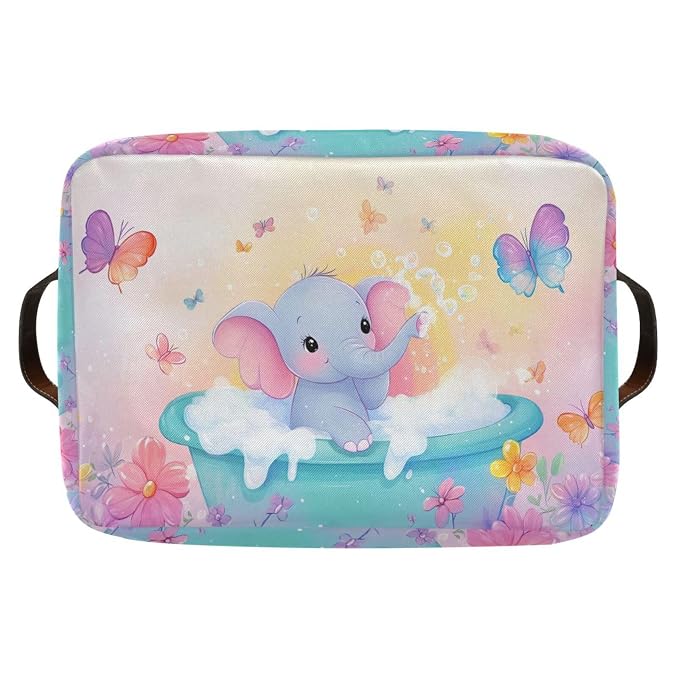 Elephant Butterfly Flowers Pink Rectangular Storage Bin Basket - Image 8