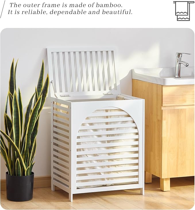 Laundry Hamper with Lid, Bamboo Clothes Laundry Basket with Handles, Removable - Image 6
