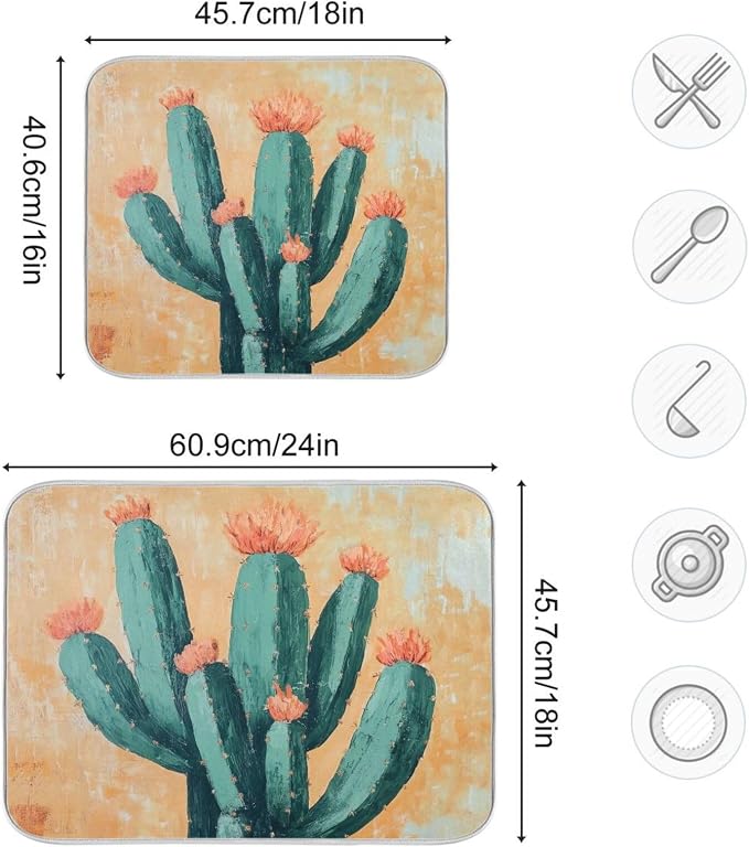 Luxuriant Kitchen Countertop Dish Drying Mat, Exotic Boho Blooming Cactus - Image 4