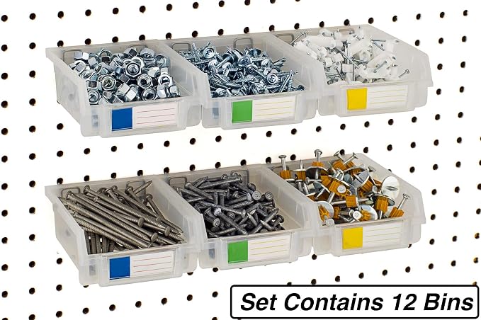 Pegboard Bins - 12 Pack Clear - Hooks to Any Peg Board - Organize Hardware - Image 3