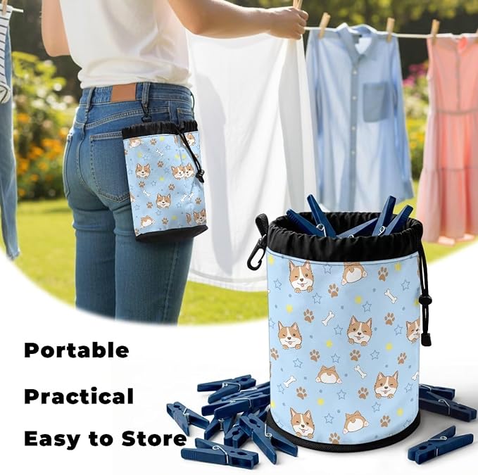 Clothespin Storage Bag with Hooks & Drawstring Closure Corgi Pet Paw Space - Image 5