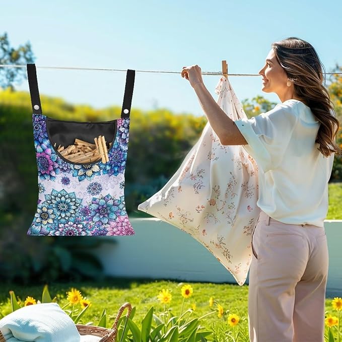 2 Pcs Boho Flower Print Summer Clothes Pin Bag Clothespin Bag Holder Clothespin - Image 2