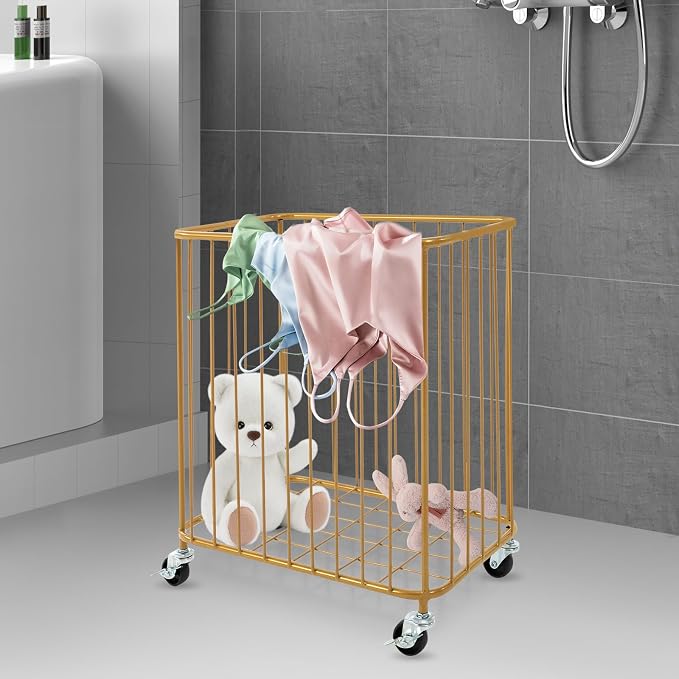 Metal Laundry Basket w/Wheels & Brakes Large Rolling Laundry Cart - Image 5