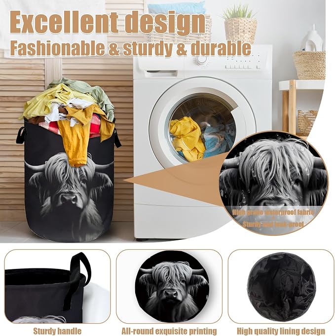 Highland Cow Laundry Basket, Foldable Waterproof Black Laundry Hamper Tote Bag - Image 4