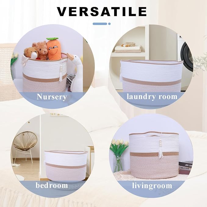 Large Woven Rope Laundry Hamper, Cotton Rope Storage Basket - Image 3