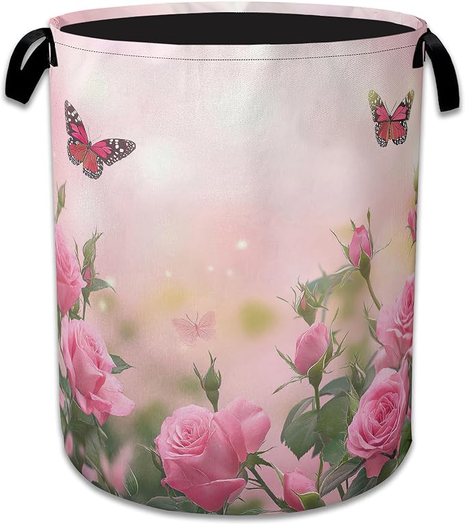Butterfly Laundry Basket, Oxford Cloth Pink Rose Laundry Hamper by Unknown