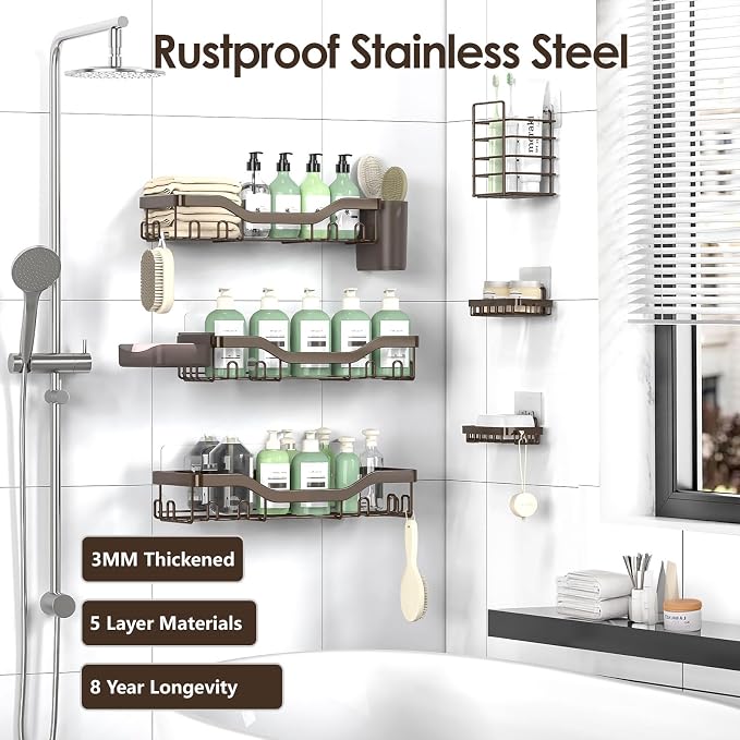 Shower Caddy Adhesive Shower Organizer 8-Pack, Rustproof Stainless Steel - Image 5