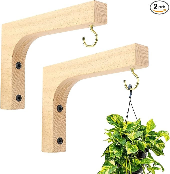 Upriver 2 Pack Wooden Plant Hanger Hooks, Wall Mounted Hanging Basket Hooks by Upriver