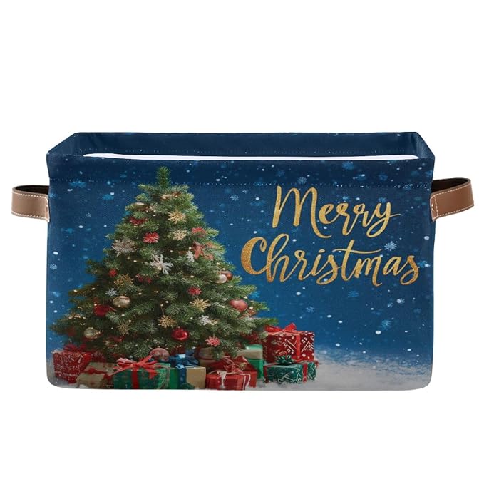Tree Christmas Blue Print Rectangular Storage Bin Basket by DOMIKING