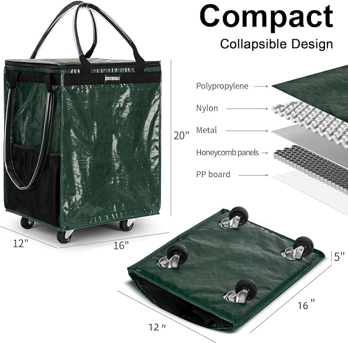 Reusable Grocery Bag on Wheels, Foldable Rolling Tote, Carries Up to 66 lbs - Image 3