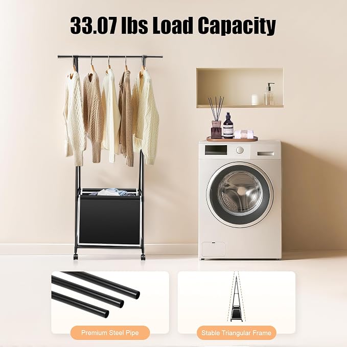 Laundry Cart with Clothes Rack Laundry Basket with Hanging Rack Clothing Rack - Image 2