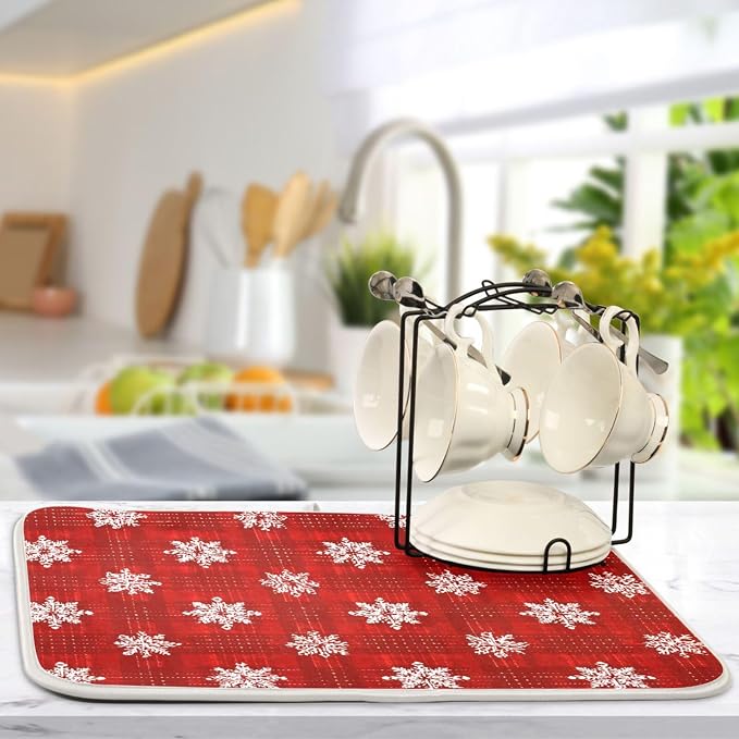White Snowflake Pattern on Red Dish Drying Mat Super Absorbent Drying Mat 16x18 - Image 5
