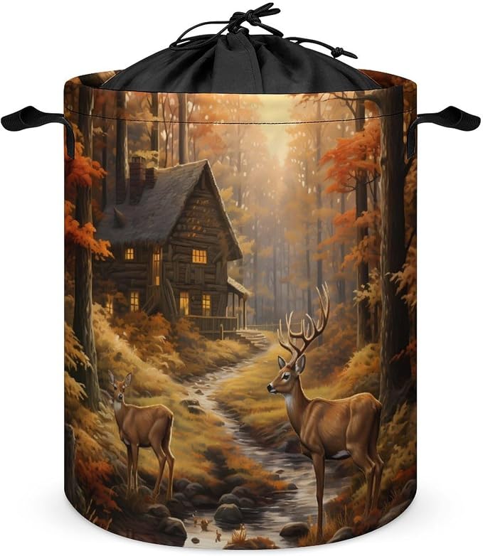 Autumn Forests Deers Round Laundry Bag Collapsible Storage Hamper Basket by Unknown