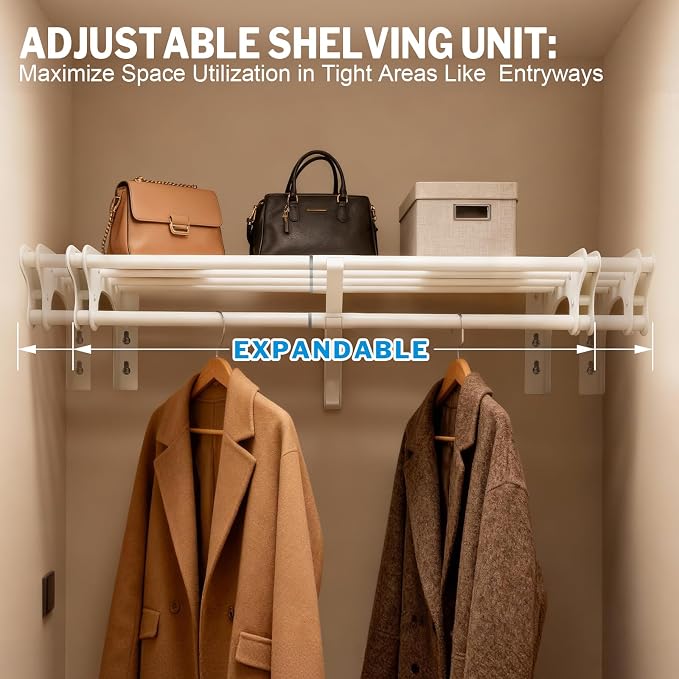 Steel Closet Shelf with Hanging Rod, Back Wall & Side Wall Mounted, 52-95'' - Image 4