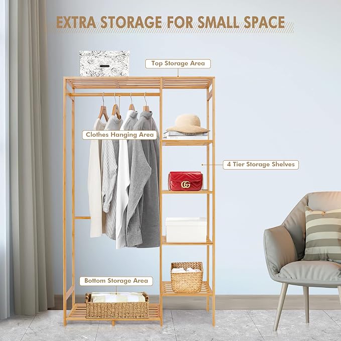 Bamboo Clothing Rack with 6 Tier Storage Shelf Multifunctional Garment - Image 4