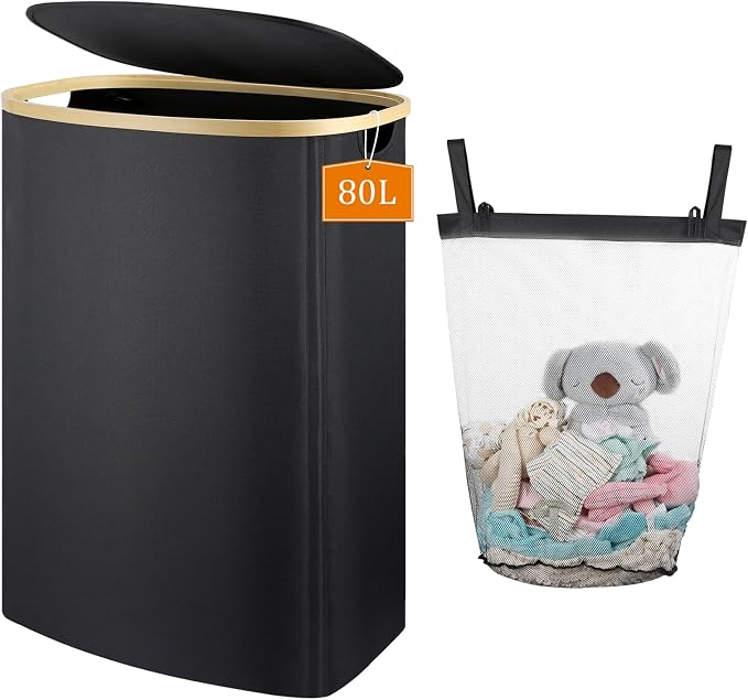 Slim Laundry Basket with Lid, 80L Narrow Laundry Hamper with Removable Bag by VANNPOOY