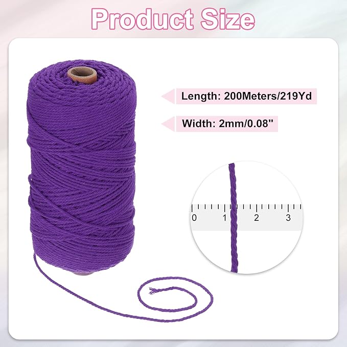 HARFINGTON Natural Macrame Cord 2mm x 220 Yards 3 Strand Twisted Cotton Macrame - Image 2