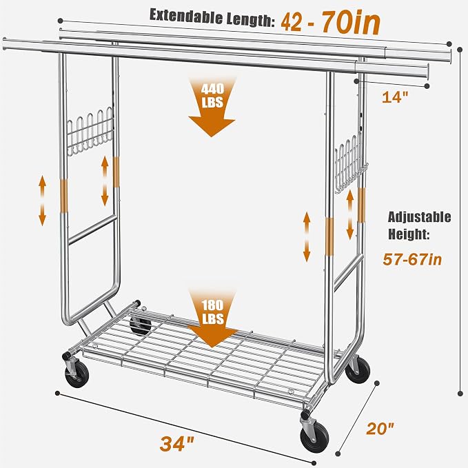 Heavy Duty Clothes Rack Load 620 Lbs, Double Rod Rolling Clothing Rack - Image 8