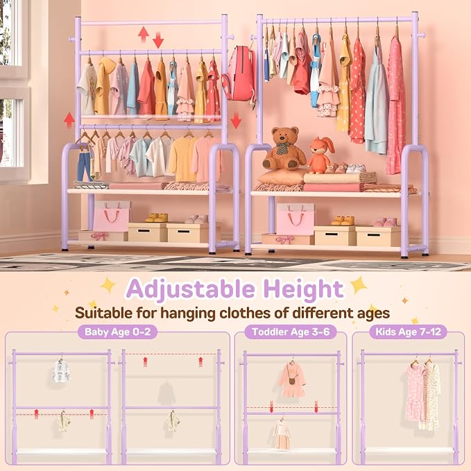 Kids Clothes Rack with 2 Tier Storage Racks and 2 Adjustable Hanging Poles - Image 2