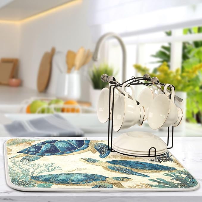 Watercolor Sea Turtle Swimming Pattern Dish Drying Mat Super Absorbent Drying - Image 5