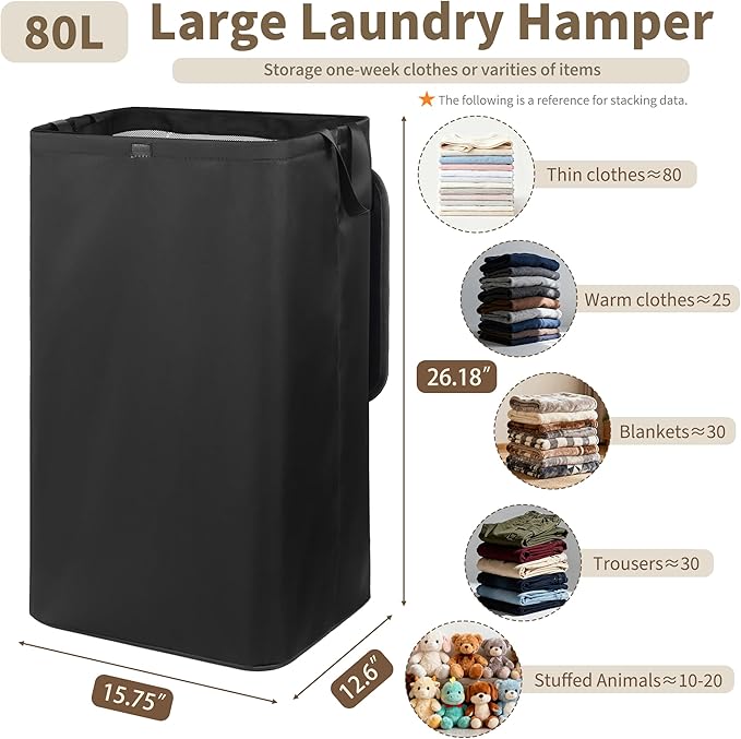 80L Large Laundry Hamper with Lid, Foldable Laundry Bag - Image 4