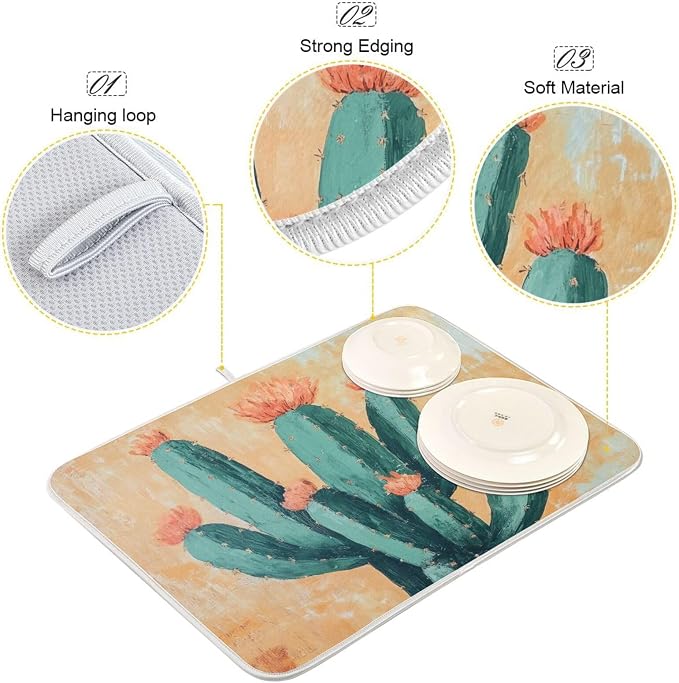 Luxuriant Kitchen Countertop Dish Drying Mat, Exotic Boho Blooming Cactus - Image 3