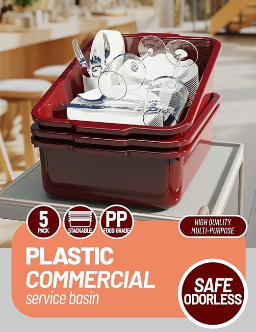 5-Pack Commercial Bus Tubs Box/Tote Box, Wine Red Plastic Storage Bin - Image 6