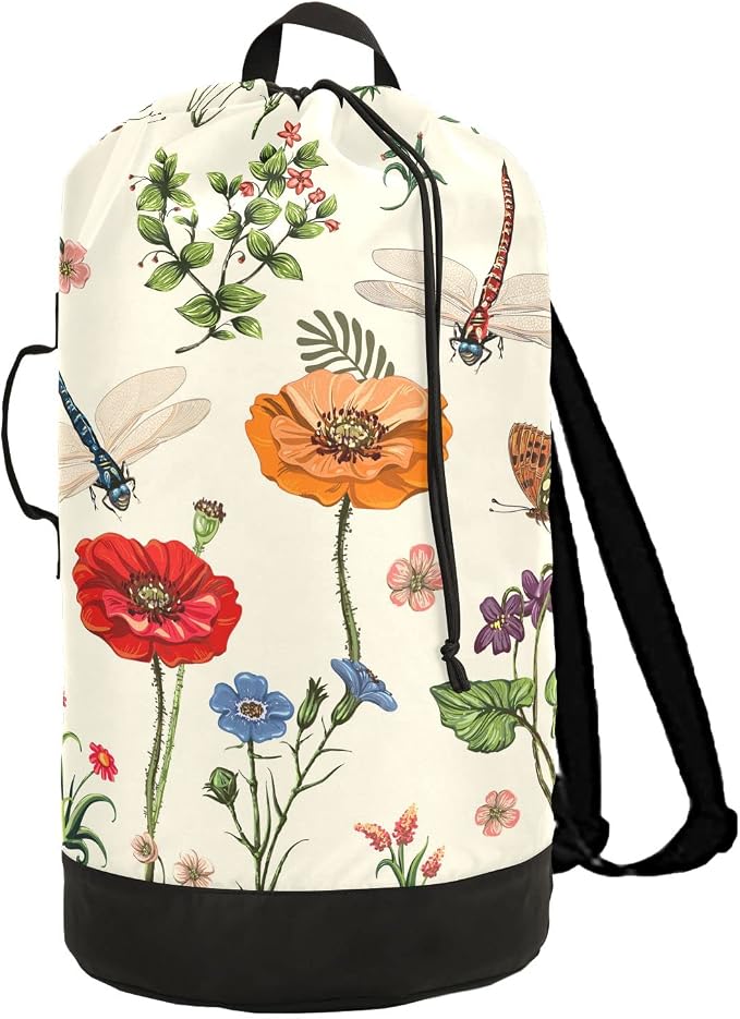 VIGTRO Spring Flowers Dragonflies Large Heavy Duty Laundry Backpack Hamper by VIGTRO