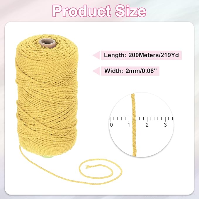 HARFINGTON Natural Macrame Cord 2mm x 220 Yards 3 Strand Twisted Cotton Macrame - Image 2