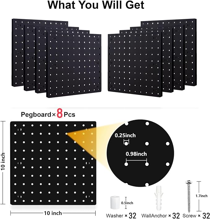8Pcs Pegboard Wall Organizer Panels Black ABS Pegboard Wall Mount - Image 2