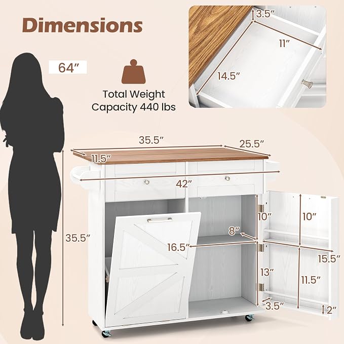 Rolling Kitchen Island with Trash Can Storage Cabinet, Drop Leaf Breakfast Bar - Image 2