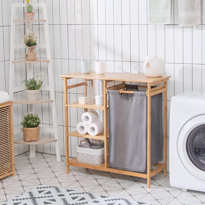 Giantex Bamboo Laundry Hamper Stand, Freestanding Laundry Organizer w/Removable - Image 9