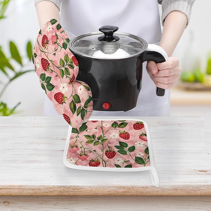Peach Strawberry Print Oven Mitts and Pot Holders Sets Heat Resistant Kitchen - Image 4