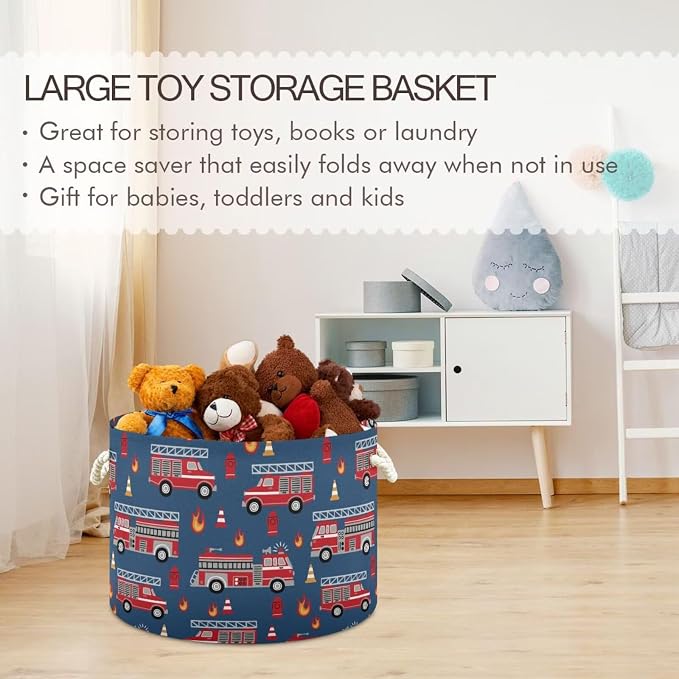 Fire Trucks Print Round Storage Basket Red Fire Fighting Supplies Large Laundry - Image 6