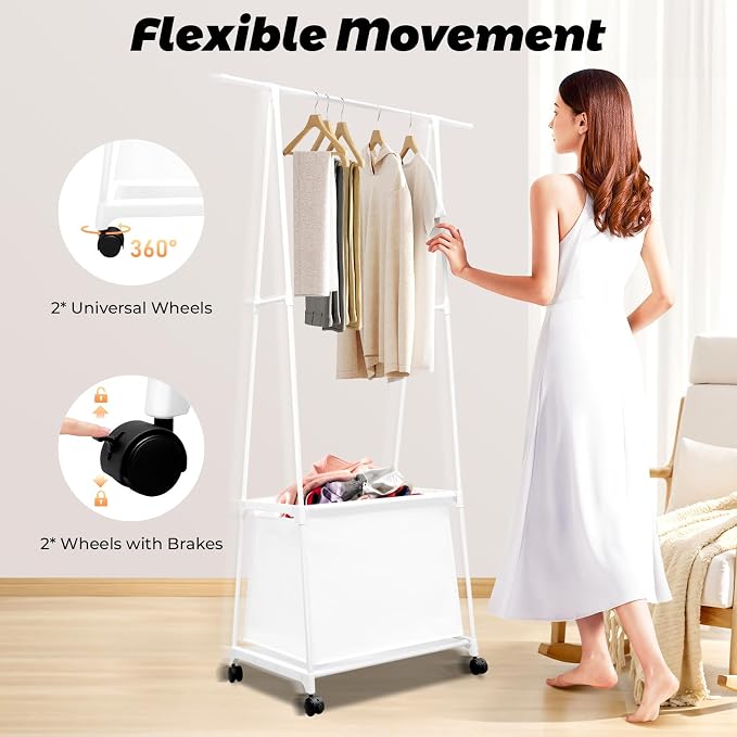 Laundry Cart with Clothes Rack Laundry Basket with Hanging Rack Clothing Rack - Image 4