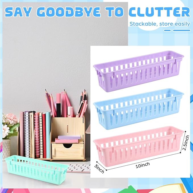 12 Pcs Morandi Slim Plastic Storage Baskets Tray 10 x 3 x 2.5 Inch Compact - Image 2