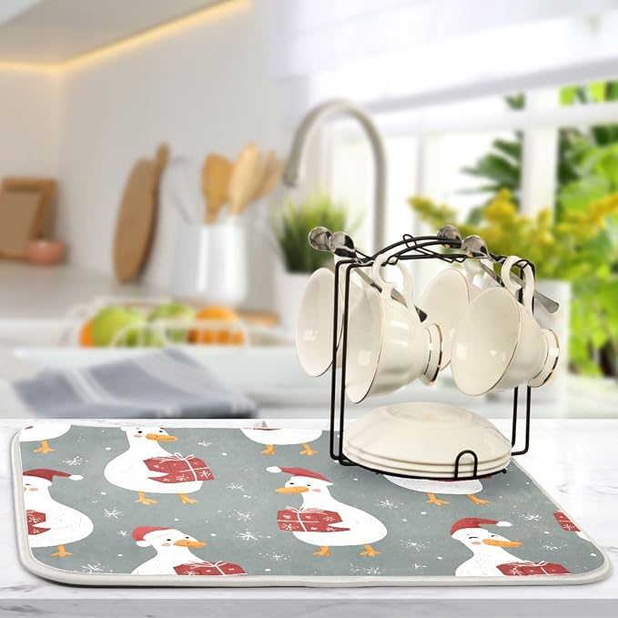 White Geese Wearing Hat Dish Drying Mat Super Absorbent Drying Mat 16x18 inch - Image 5