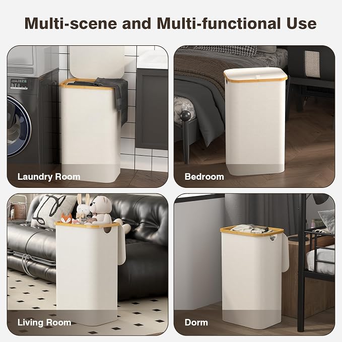 100L Laundry Hamper with Lid, Large Laundry Basket with Bamboo Handles - Image 7