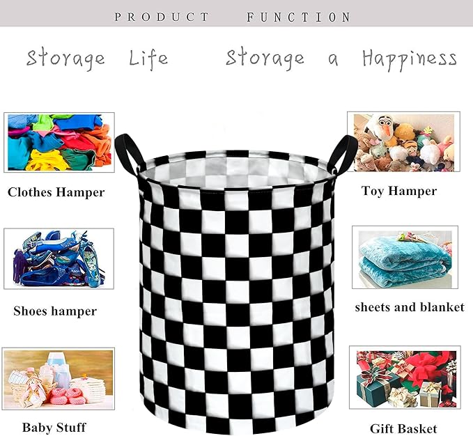 KUNRO Round Black-white Checker Laundry Gift Basket Storage Hamper, Clothes - Image 7