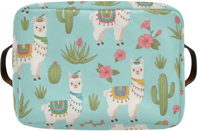 CHIFIGNO Cute Llama Cacti Plant Blue Storage Basket, Collapsible Decorative - Image 8