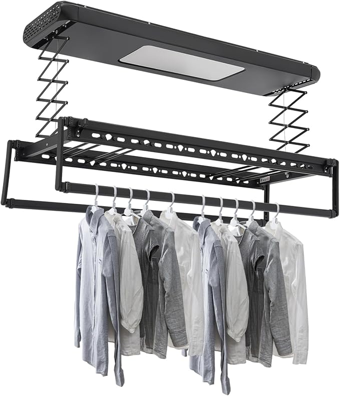 Electric Retractable Airing Rack Black, Ceiling Clothesline 77lbs Load by Unknown
