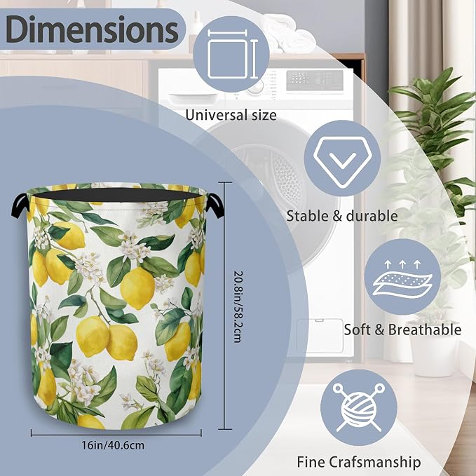 Lemon Laundry Basket, Flower Leaf Foldable Oxford Cloth Tote Bag Laundry Hamper - Image 2