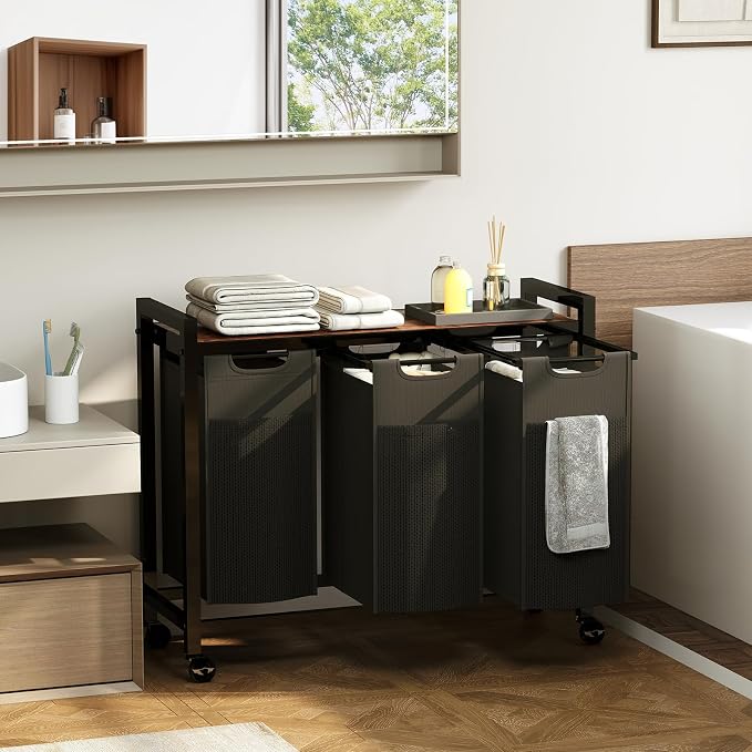 Laundry Hamper with 3 Pull-Out Removable Laundry Bags, Rolling Laundry Sorter - Image 4