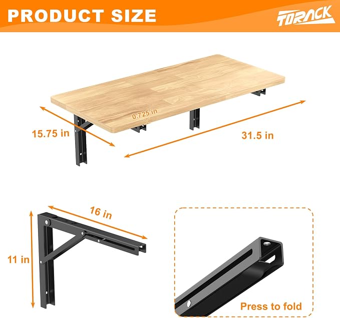 TORACK Heavy Duty Wall Mounted Folding Workbench, Space-Saving Collapsible Wall - Image 3
