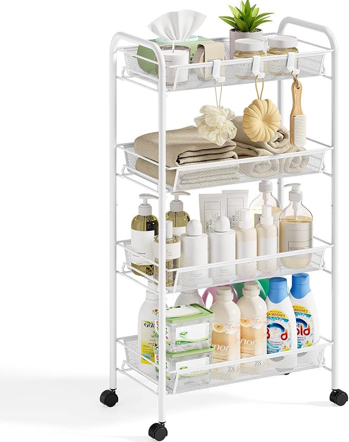 4-Tier Metal Utility Cart, Mesh Wire Rolling Cart on Wheel, Storage Trolley by SYKIARIOL