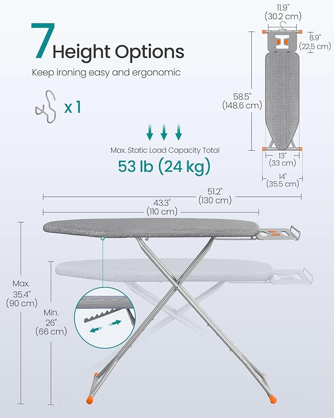 SONGMICS Ironing Board, Retractable Iron Rest, Foldable Iron Board, 43 x 13 - Image 6
