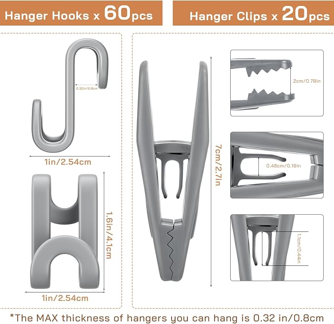Tinfol Gray 60pc Hanger Connector Hooks and 20pc Hanger Clips, Stackable Space - Image 2