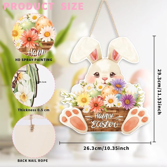 Ausril Easter Wood Sign, Happy Easter Door Decor, Bunny Egg Hanging Wall Sign - Image 6