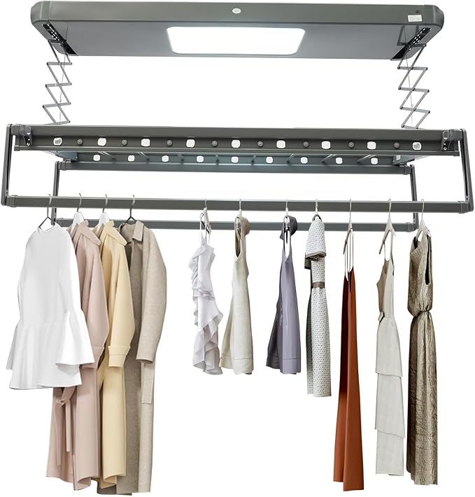 Electric Retractable Airing Rack Gray, Ceiling Clothesline 77lbs Load, Ceiling by Unknown